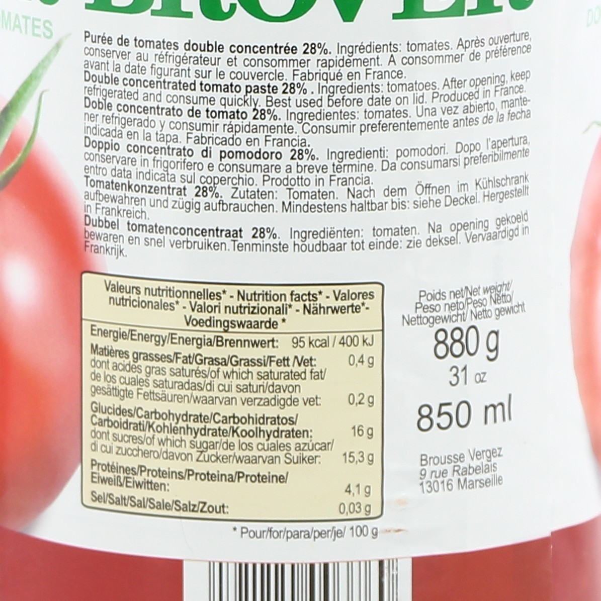 Double Concentré De Tomate De Provence 28% - Boite 1/4